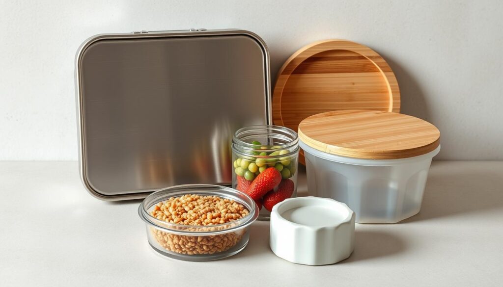 A collection of various materials for a modern school lunch box, including a sleek stainless steel box, a BPA-free plastic container, and a sustainable bamboo lid. The objects are arranged on a neutral background, showcasing their clean, minimalist design. Soft, natural lighting illuminates the textures and colors, creating a refined, sophisticated atmosphere. The scene emphasizes the versatility and eco-friendly options available for packing healthy snacks and meals for the classroom.