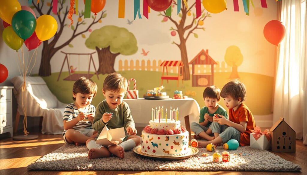 A cozy, sun-dappled scene of a child's birthday celebration, with a table adorned with colorful balloons, festive paper streamers, and a delightful cake topped with candles. In the foreground, a group of children sit cross-legged on a plush rug, eyes aglow with wonder and excitement as they unwrap carefully chosen gifts. The middle ground features a scatter of whimsical party favors and treats, while the background showcases a cheerful, nostalgic mural of childhood memories - a swing set, a treehouse, and a lemonade stand. Warm, natural lighting casts a golden hue, creating a sense of timeless wonder and cherished moments. The overall atmosphere evokes the joyful, carefree spirit of a child's birthday celebration.