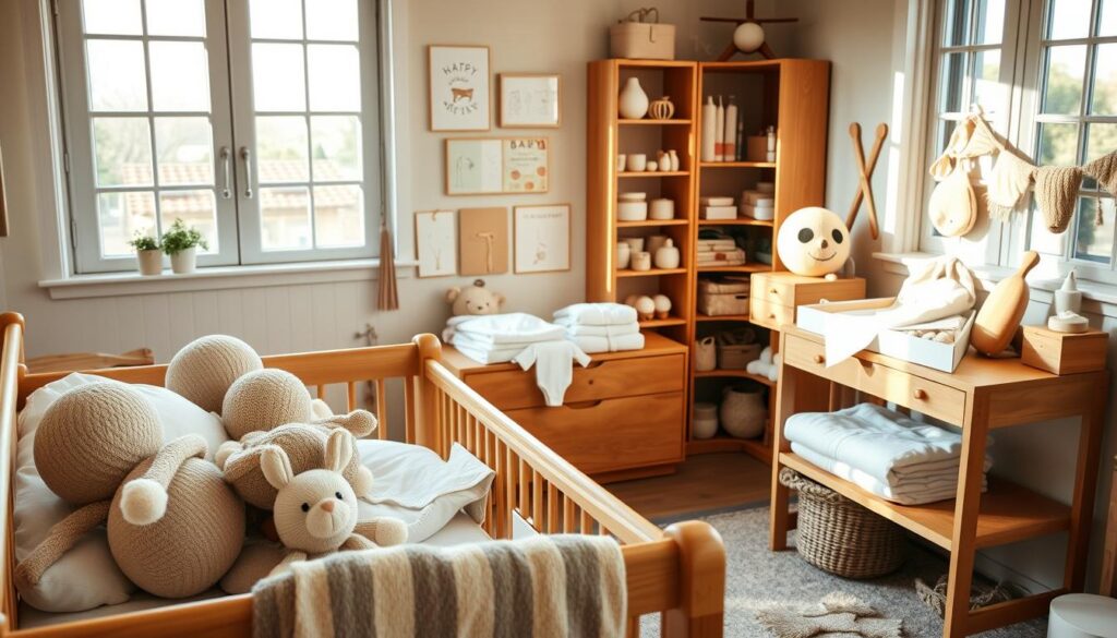 A cozy, well-appointed nursery filled with a diverse array of practical, stylish baby gifts. In the foreground, a collection of soft, plush toys in muted tones sits atop a handcrafted wooden crib. Midground, a set of organic cotton onesies and receiving blankets in soothing hues are folded neatly on a natural wood changing table. In the background, a set of shelves displays a variety of thoughtful essentials - from baby-safe grooming tools to educational books and keepsake boxes. The room is bathed in warm, natural light streaming through large windows, creating a serene, inviting atmosphere perfect for welcoming a newborn.
