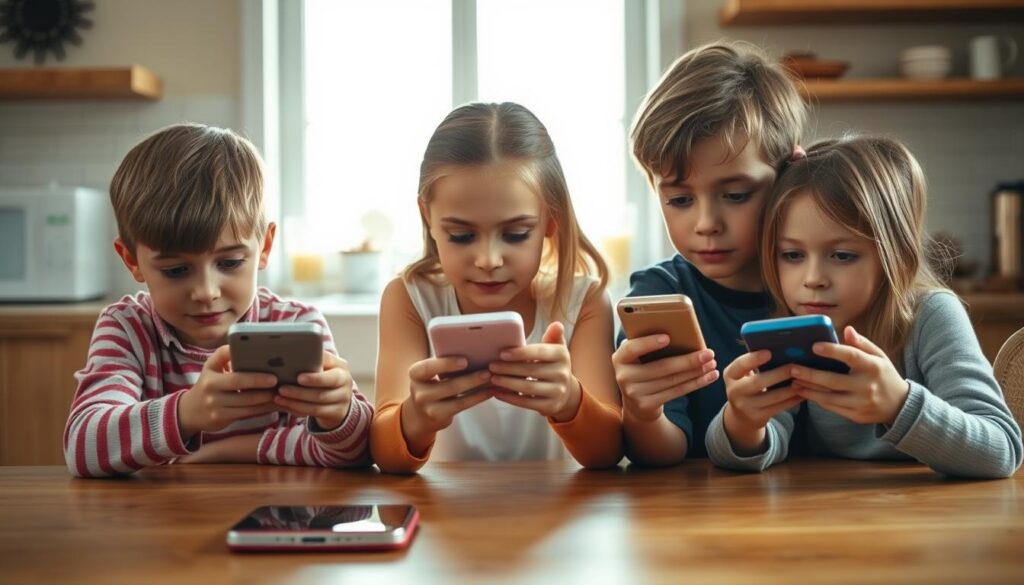A group of children, aged 6 to 10, engrossed in their smartphones, sitting at a wooden table in a cozy, well-lit kitchen. The natural light from the large window illuminates their faces, creating a warm, inviting atmosphere. Each child holds their device with both hands, their eyes fixed on the screens, oblivious to the world around them. The scene captures the ubiquity of smartphone use among modern youth, a reflection of the evolving role of technology in family life.