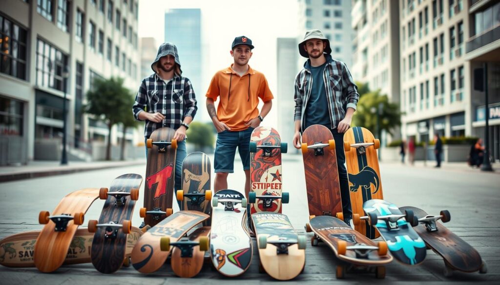 A group of four skateboarders standing in a well-lit outdoor setting, showcasing different skateboard types and designs. The skaters are captured in dynamic poses, capturing the essence of their respective riding styles. The foreground features a diverse array of skateboards, ranging from classic wooden decks to modern, graphically-enhanced designs. The middle ground focuses on the skaters themselves, each dressed in distinct casual attire that complements their individual personalities. The background subtly incorporates elements of a city streetscape, providing a contextual setting for the skateboarding scene. Overall, the image conveys a sense of active, youthful energy while highlighting the variety of skateboard options available to beginners.