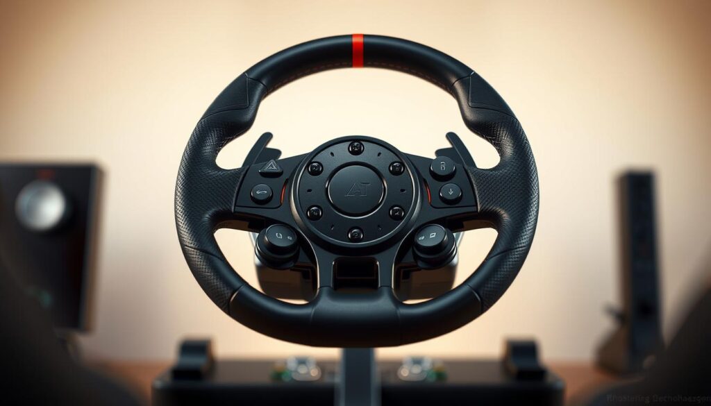 A high-resolution, photorealistic image of a gaming steering wheel showcasing its force feedback technology. The wheel is prominently displayed in the center, with a clear view of its intricate mechanical components and the actuators responsible for the tactile feedback. The lighting is natural and soft, creating a warm and inviting atmosphere that highlights the wheel's premium design and attention to detail. The 85mm lens provides a tight, focused composition that allows the viewer to appreciate the engineering and craftsmanship of this advanced gaming peripheral. Subtle imperfections and textures add to the realism, making the image feel tangible and lifelike.