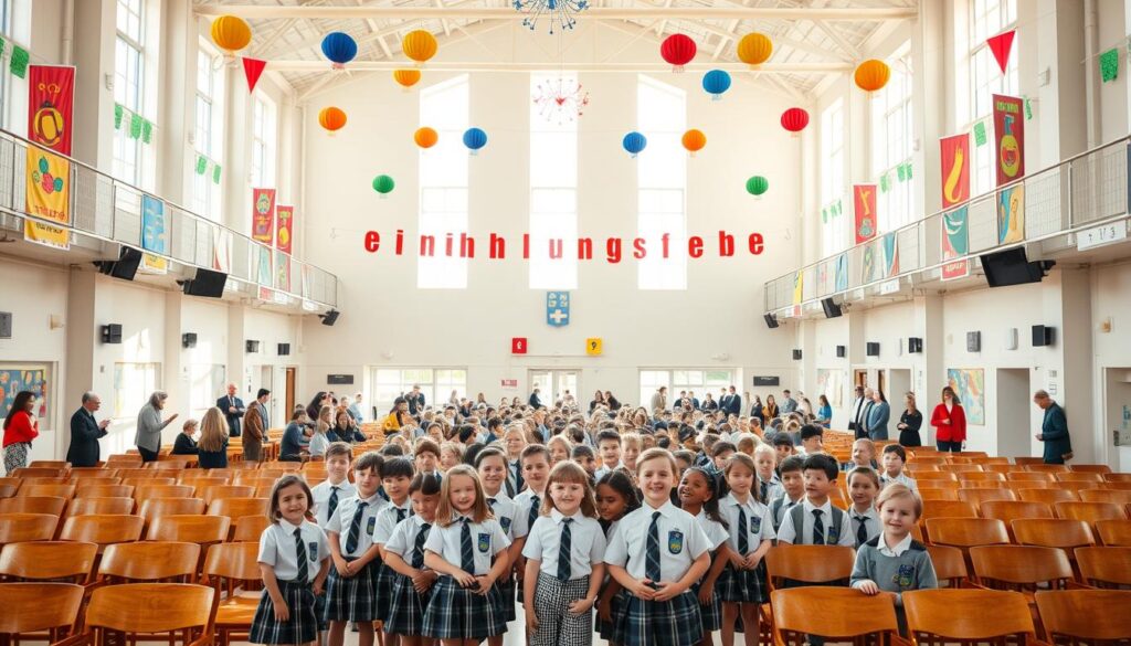 A large, airy school hall filled with colorful decorations and excited students and parents. In the foreground, a group of young children in smart uniforms stand together, beaming with pride. Behind them, rows of wooden benches and chairs are arranged neatly, ready to host the formal ceremony. Soft natural light streams in through tall windows, casting a warm glow over the scene. The walls are adorned with vibrant banners and artwork, creating a celebratory atmosphere. In the background, teachers and administrators mingle, overseeing the preparations for the special Einschulungsfeier event.