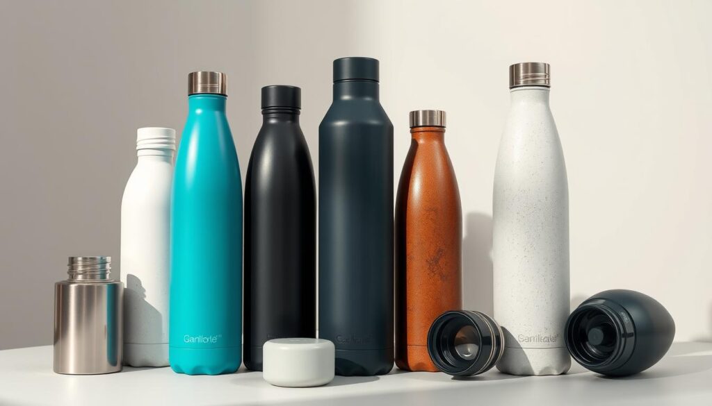 A meticulously arranged still life featuring a diverse selection of reusable drinking bottles, their materials and design details highlighted in crisp photorealistic detail. Captured with natural lighting and an 85mm DSLR lens, the scene exudes a sense of refined simplicity, showcasing the sleek silhouettes, tactile textures, and subtle imperfections that distinguish each bottle. The bottles are presented against a clean, neutral background, allowing their unique characteristics to take center stage and inviting the viewer to closely examine and compare the various materials, from gleaming stainless steel to matte ceramic and textured silicone.