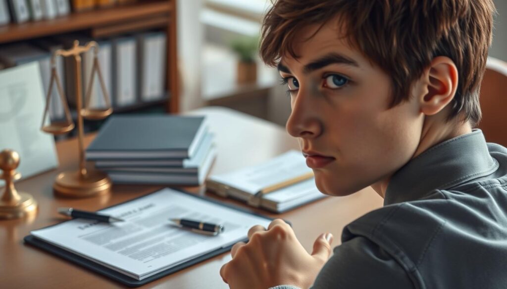 A meticulously detailed and realistic illustration of the legal aspects and regulations surrounding pocket money (Taschengeld) in Germany. Showcase a conceptual, high-resolution image captured with a professional DSLR camera and 85mm lens. Depict an elegantly arranged composition with a warm, natural lighting setup, conveying an atmosphere of thoughtful contemplation. The image should feature a neatly organized desk adorned with a stack of legal documents, a pen, and a thoughtful expression on the face of a subject in the foreground, reflecting the complexities and considerations around the Taschengeldparagraf. Capture the scene with a shallow depth of field, allowing the subject to remain in focus while the background gently blurs, directing the viewer's attention to the core concept. Incorporate subtle, realistic imperfections to enhance the photorealistic quality of the image.