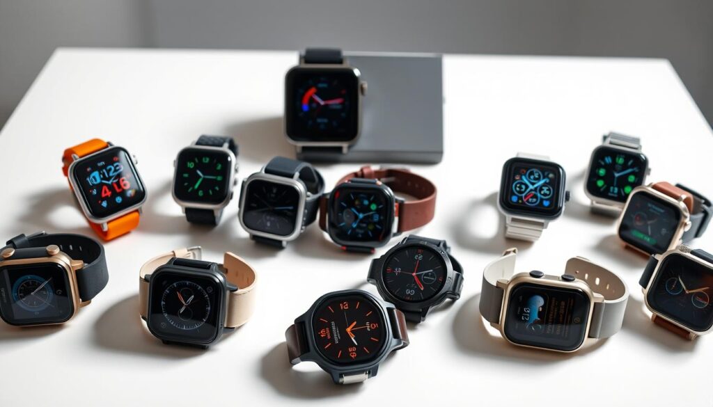 A neatly arranged display of several contemporary children's smartwatch models, captured in a well-lit studio setting with a DSLR camera and an 85mm lens. The watches are presented on a minimalist white surface, allowing their diverse designs and features to shine. The image conveys a sense of technical expertise and careful curation, inviting the viewer to compare and contrast the various options available. Subtle reflections and realistic imperfections add depth and realism to the scene, creating a visually striking and informative depiction of the current state of the children's smartwatch market.
