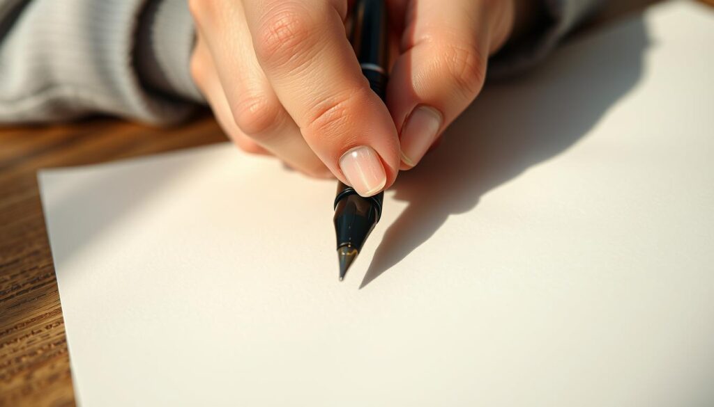 A thoughtful close-up of a child's hand tightly gripping a high-quality fountain pen, with the nib resting gently on a sheet of crisp, off-white paper. The pen's surface has a matte, sophisticated appearance, and the child's fingers are positioned with intention, showcasing the importance of proper "Schreibmotorik Förderung" - the development of handwriting skills. The lighting is soft and natural, casting subtle shadows that accentuate the textures and details. The scene conveys a sense of focus, precision, and the pivotal role of this writing tool in the learning process.