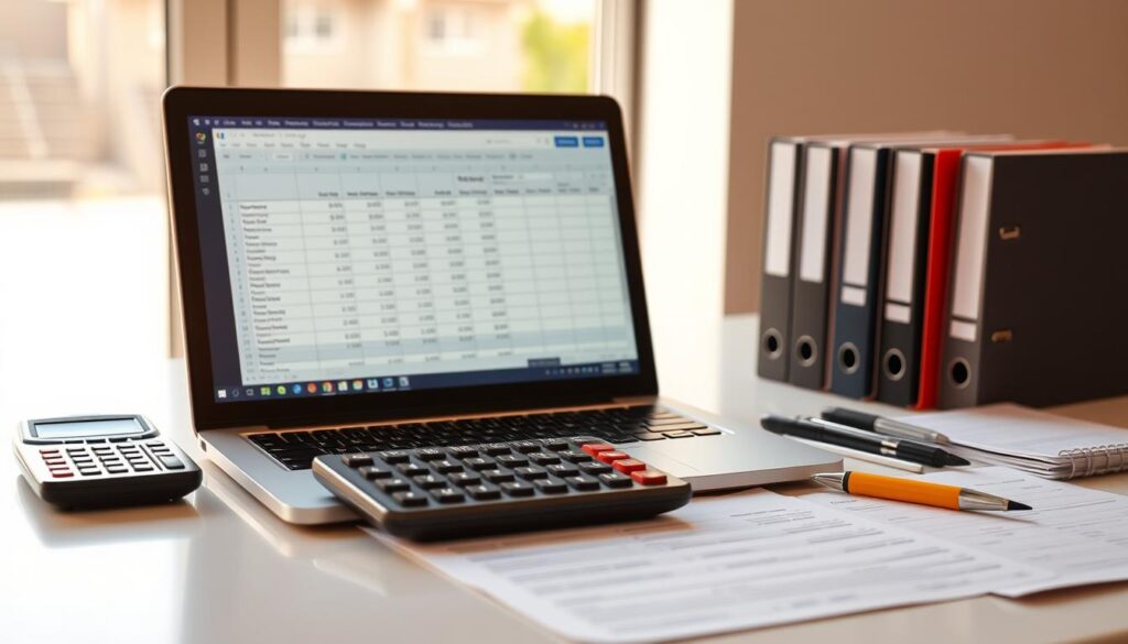 Detailed visual representation of a calculation of the relief amount for single parents. A clean, modern desk with a laptop, calculator, and documents neatly arranged. Warm, natural lighting illuminates the scene, creating a professional and focused atmosphere. The laptop screen displays a spreadsheet with numerical data, reflecting the financial calculations. Subtle details like a pen, highlighter, and organization folders suggest a methodical and organized approach to the task. The overall composition conveys a sense of productivity, attention to detail, and the importance of understanding tax benefits for single-parent households.