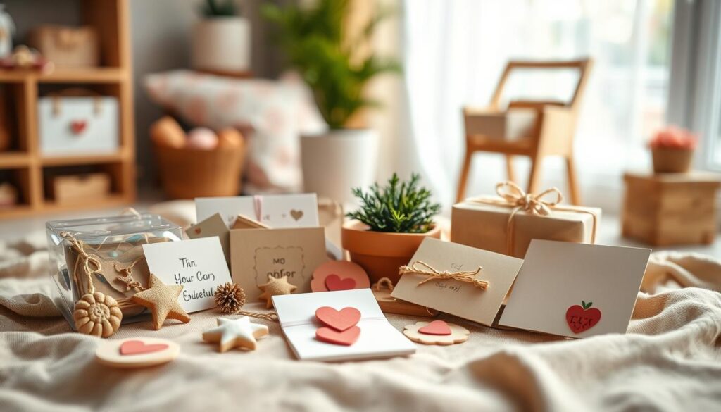 Geschenkrichtlinien für Kitas: A warm, inviting still life composition showcasing a variety of thoughtful gifts for preschool educators. In the foreground, a selection of handcrafted trinkets, personalized keepsakes, and heartfelt cards lie upon a soft, neutral-toned fabric backdrop. The middle ground features a potted plant or small floral arrangement, adding a touch of nature and life to the scene. In the background, a blurred, cozy interior setting with gentle natural lighting creates a sense of tranquility and care. The overall mood is one of appreciation, gratitude, and the thoughtful celebration of those who nurture and educate young children.