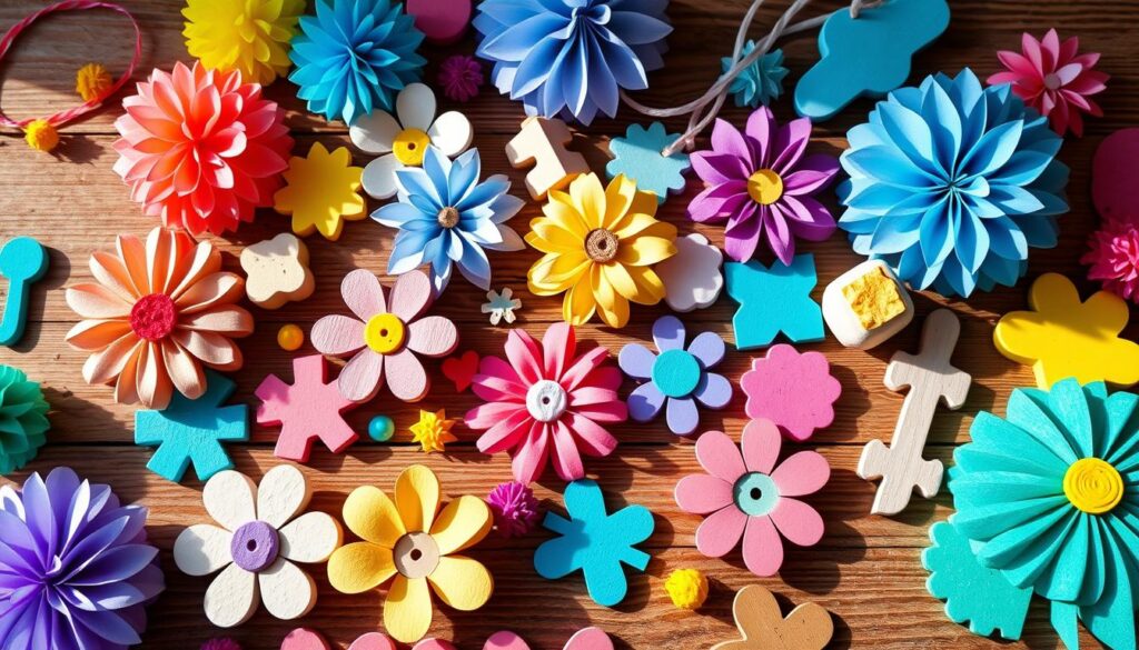 Photorealistic DIY crafts for children's parties. A vibrant assortment of handmade decorations and favors arranged on a wooden surface. Colorful pom-poms, paper flowers, painted wooden shapes, and other whimsical elements fill the frame. Natural lighting casts soft shadows, highlighting the textures and imperfections of the homemade items. An 85mm DSLR lens captures the scene in crisp detail, creating a sense of depth and intimacy. The overall mood is one of playful creativity and thoughtful, personalized celebrations.