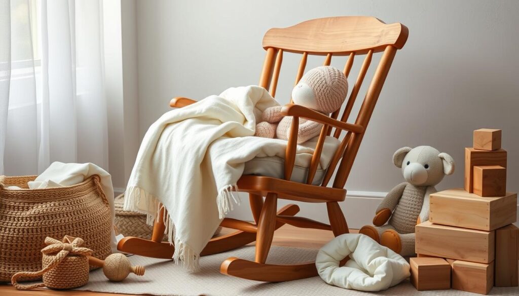 Photorealistic display of practical and long-lasting newborn gifts, captured in natural light with a DSLR 85mm lens. A wooden rocking chair serves as the central focus, surrounded by carefully curated items such as a soft organic cotton blanket, a wooden rattle, a handmade stuffed animal, and a set of wooden building blocks. The scene exudes a warm, cozy atmosphere, with realistic imperfections adding to the authenticity. The overall composition emphasizes the timeless, sustainable nature of these meaningful newborn gifts.