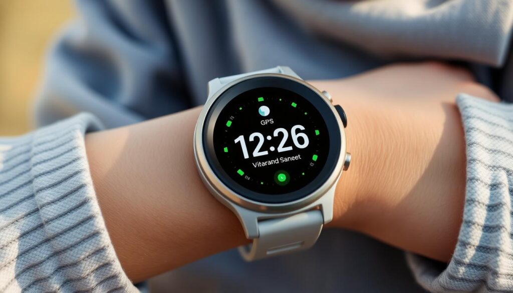 Photorealistic image of a child's GPS-enabled smartwatch, captured in natural lighting with an 85mm DSLR lens. The watch face displays GPS coordinates and a digital clock, with a sleek, minimalist design in neutral tones. The device is worn on a young user's wrist, showcasing its practical functionality and seamless integration into everyday life. The image conveys a sense of technological innovation and safety, reflecting the advancing capabilities of modern wearable devices for children.