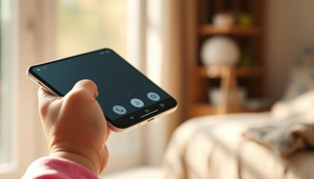 Photorealistic image of a child's hand holding a modern smartphone. The hand is relaxed, the fingers gently gripping the device. The smartphone's screen shows a simple, intuitive user interface with minimal icons and controls, designed for ease of use. The background is a soft, blurred domestic setting, suggesting a home environment. Natural lighting filters through a window, creating warm, gentle shadows on the child's skin and the smartphone's surface. The scene conveys a sense of comfort, security, and the child's confident, comfortable interaction with the technology.