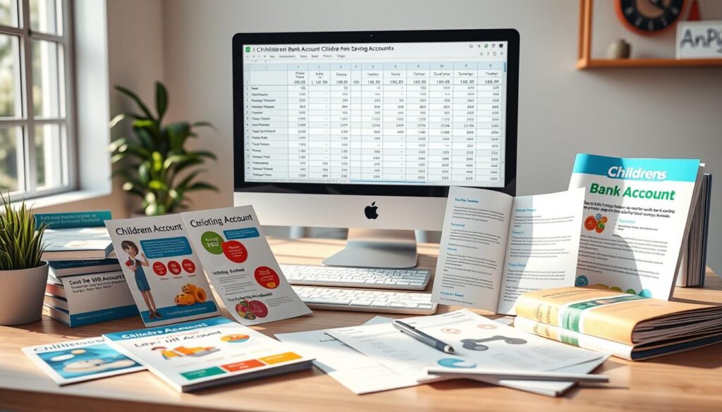 Photorealistic image of a modern desk setup featuring various children's bank account brochures, pamphlets, and documents neatly arranged. The brochures showcase different savings account options, interest rates, and features for young customers. A desktop computer monitor in the background displays a spreadsheet comparing the interest rates and terms of these children's bank accounts. The scene is bathed in natural light from a large window, creating a warm and inviting atmosphere. The overall composition emphasizes the comparison and research aspect of finding the best children's savings account options.