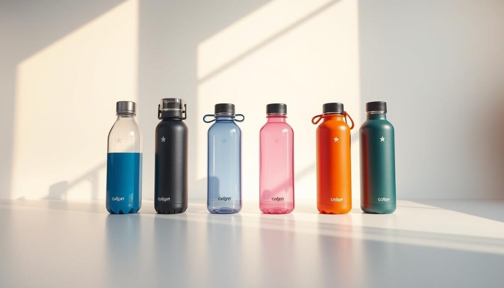 Photorealistic image of a product comparison lineup featuring the top five reusable water bottle models of 2025. Bottles are arranged neatly in the foreground, showcasing their sleek designs and varied colors. Warm natural lighting illuminates the scene, creating dynamic shadows and reflections on the bottle surfaces. The middle ground features a clean, minimalist studio setup with a plain white backdrop. Slight imperfections and textures add to the realistic appearance. The overall mood is one of high-end, sophisticated product presentation.