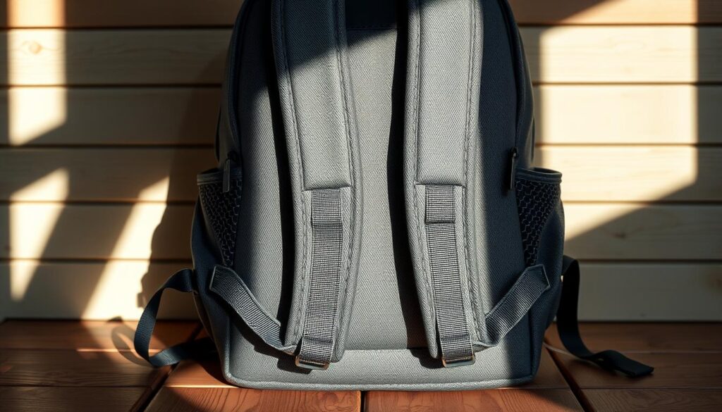 Photorealistic image of a school backpack, meticulously captured with a DSLR 85mm lens. The backpack is placed on a wooden surface, bathed in natural lighting that casts subtle shadows, highlighting its ergonomic design and attention to detail. The textured fabric, reinforced straps, and thoughtfully positioned compartments are clearly visible, showcasing the backpack's durability and functionality. The scene exudes a sense of quality and craftsmanship, inviting the viewer to closely examine the backpack's ergonomic features that are essential for a comfortable school day.