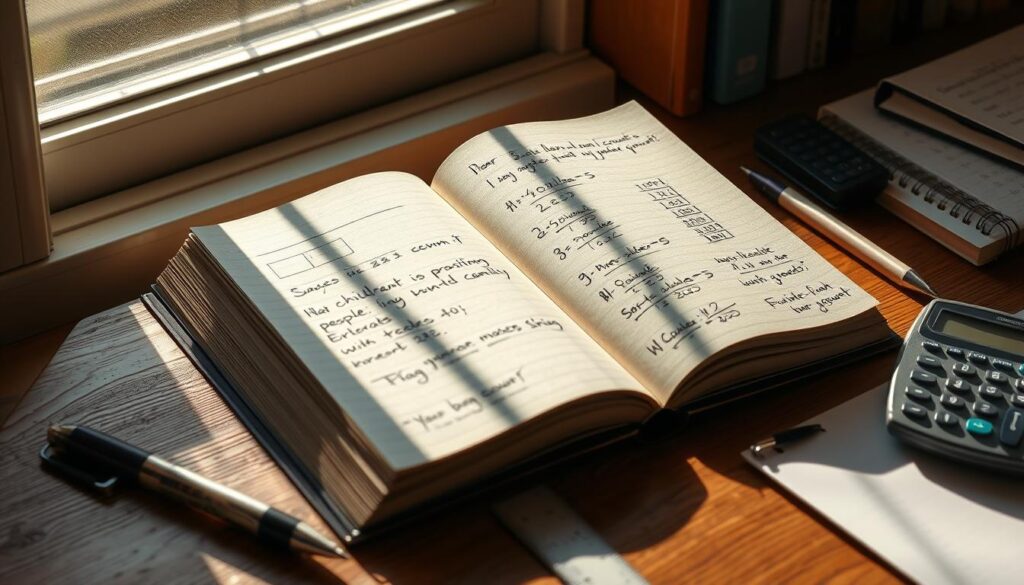 Photorealistic image of an open paperback book with pages containing handwritten notes and calculations related to a children's bank account. The book is positioned on a wooden desk, with a pen, ruler, and calculator nearby. Soft natural lighting from a window illuminates the scene, creating realistic shadows and highlights. The overall atmosphere is one of focused study and financial education, with a sense of care and attention to detail.