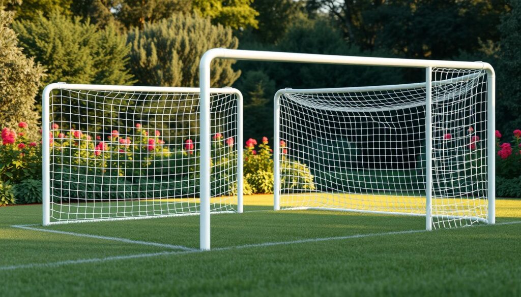 Photorealistic image of modern soccer goals in a lush garden setting. The goals are made of sleek, minimalist steel frames with sturdy nets, reflecting the latest design trends. Soft, natural lighting illuminates the scene, casting subtle shadows and highlighting the textures. The goals are positioned amidst well-manicured grass, complemented by vibrant greenery and flowers in the background. The composition emphasizes the elegant, contemporary aesthetic of the soccer goals and their seamless integration into the outdoor environment. Realistic imperfections and subtle details add to the authenticity of the image.