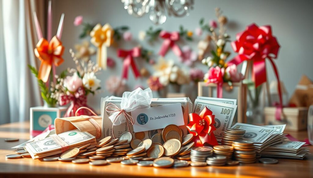 Photorealistic rendering of an assortment of creative cash gifts for a Jugendweihe celebration. A vibrant array of bills, coins, and gift cards arranged in the foreground, with a soft, natural lighting illuminating the scene. The middle ground features various decorative elements such as ribbons, bows, and floral accents, creating a visually appealing and celebratory atmosphere. The background is slightly blurred, suggesting an elegant and sophisticated setting. Realistic imperfections and a DSLR 85mm lens provide a high-quality, immersive visual experience.
