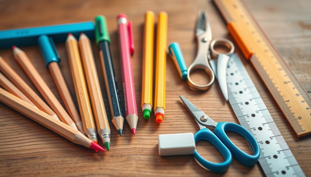 Practical school supplies arranged on a wooden surface, captured in warm natural light with a DSLR 85mm lens. Meticulously detailed stationery items including wooden pencils, pens, highlighters, scissors, a ruler, and an eraser in various colors. Subtle imperfections and realistic textures evoke a sense of authenticity. The composition emphasizes the simplicity and functionality of these everyday educational tools, creating a harmonious and inviting display suitable for a back-to-school themed illustration.