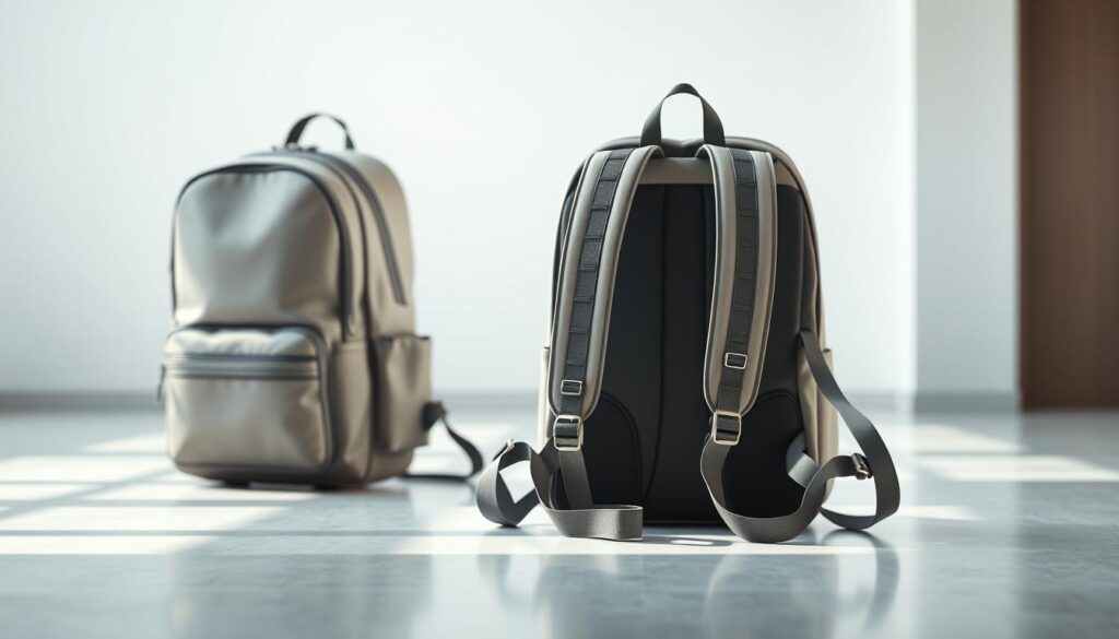 Sicherheitsmerkmale Schulranzen: A photorealistic image showcasing the safety features of a contemporary school backpack. The foreground features a sleek, well-designed backpack in a neutral color, its surface adorned with reflective strips and accents that catch the natural light. The middle ground reveals the backpack's internal structure, highlighting the padded straps and adjustable fittings that provide a comfortable, secure fit. In the background, a clean, minimalist environment emphasizes the backpack's modern, functional design. The DSLR 85mm lens captures the scene with a shallow depth of field, drawing the viewer's attention to the key details. Realistic imperfections and natural lighting create a sense of depth and authenticity, conveying the high-quality craftsmanship of the backpack.