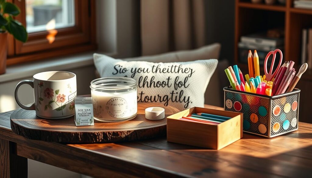 Whimsical yet practical gifts for hardworking early childhood educators, carefully curated in a cozy, inviting setting. A rustic wooden table showcases a variety of thoughtful tokens - a delicate floral mug, a soy wax candle in a handcrafted ceramic holder, a plush personalized throw pillow, and an artisanal desk organizer filled with vibrant office supplies. Soft natural light streams through a nearby window, casting a warm glow over the scene. The overall mood is one of appreciation, gratitude, and genuine care for the unsung heroes who nurture and inspire young minds every day.