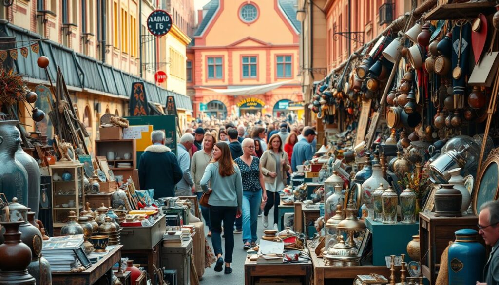 A bustling Flohmarkt (flea market) scene in Germany, captured with a DSLR 85mm lens. The foreground is filled with a diverse array of vintage goods, antiques, and trinkets, each item a unique treasure waiting to be discovered. In the middle ground, crowds of eager shoppers browse the stalls, their faces alight with the thrill of the hunt. The background reveals the vibrant, historic architecture of the market setting, bathed in warm, natural lighting that casts a cozy, nostalgic atmosphere. Realistic imperfections and a sense of authenticity permeate the scene, transporting the viewer to the heart of this iconic German Trempelmarkt (flea market) experience.