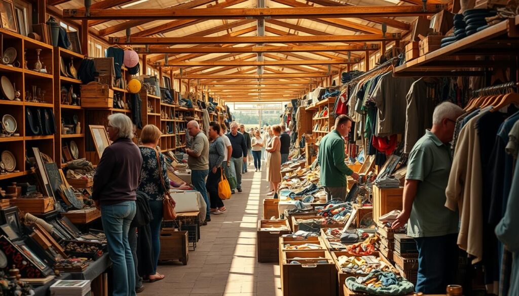 A bustling flea market scene, with rows of vendor stalls offering an eclectic array of secondhand goods. Wooden crates and shelves display a myriad of items, from antique trinkets to vintage clothing, all without visible price tags. The natural light filters through the stalls, casting warm, soft shadows and highlighting the texture and character of the wares. Customers browse the stalls, engaged in lively negotiations with the vendors, exchanging stories and bargaining for the best deals. An atmosphere of exploration and discovery pervades the scene, where the absence of fixed prices invites a more personal, interactive shopping experience.