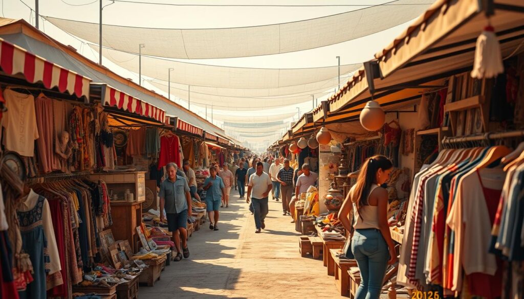 A bustling open-air market stretches out before the viewer, its rows of stalls and vendors creating a vibrant, vibrant scene. The sun's natural light casts warm, golden hues across the scene, highlighting the diverse array of goods on display - antiques, clothing, handcrafted items, and more. The lens captures the market's energy, with people browsing and haggling, creating a sense of lively activity. The overall atmosphere is one of exploration and discovery, with the photorealistic details and realistic imperfections adding to the authentic, immersive feel of the image.