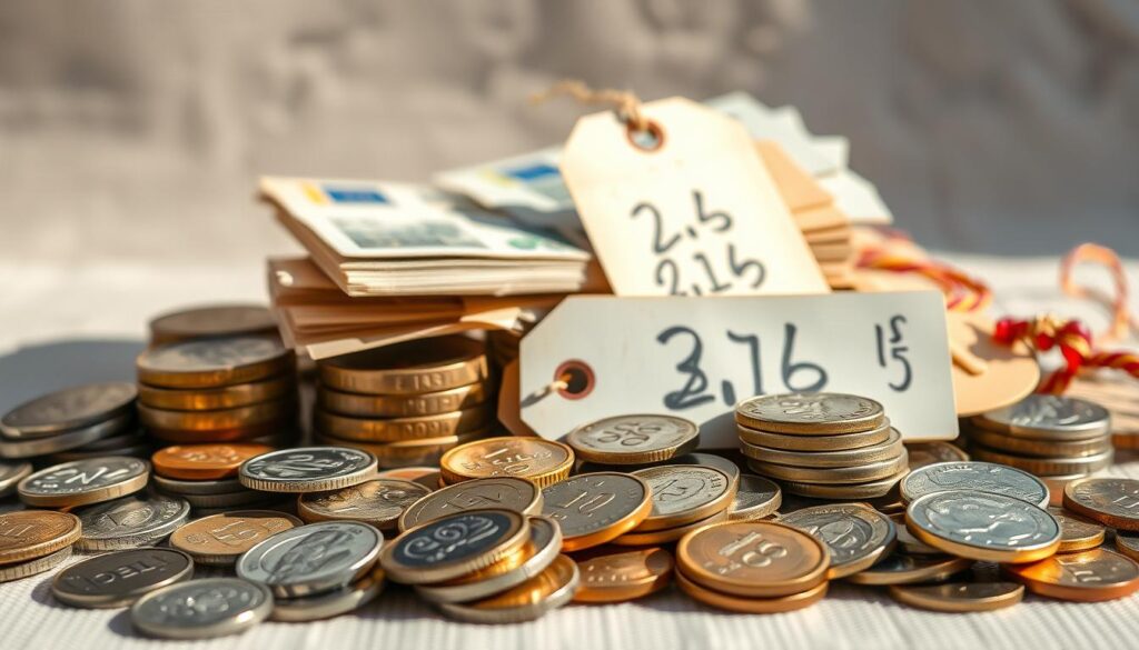 A meticulously arranged still life showcasing an array of coins, bills, and price tags. The foreground features a collection of various denominations of Deutschmark and Euro coins, neatly organized and gleaming under natural light. In the middle ground, a stack of Geldscheine (banknotes) in different values rests alongside a set of Preisschilder (price tags) adorned with handwritten numbers. The background subtly fades into a softly blurred, neutral backdrop, emphasizing the tactile, material nature of the scene. The overall composition exudes a sense of order, preparation, and the practical considerations of a successful flea market visit.