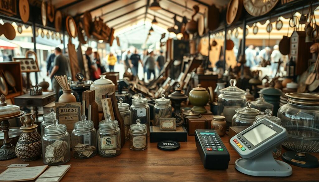 A neatly organized flea market booth, showcasing an array of vintage and antique items. The focal point is a wooden table displaying various price tags, cash jars, and a sleek payment terminal. Warm, natural lighting filters through the booth, casting a welcoming glow. In the background, glimpses of other stalls and bustling crowds create a lively, immersive atmosphere. The overall scene conveys a sense of classic charm and a well-curated shopping experience, highlighting the importance of strategic pricing and payment options for an attractive flea market stand.