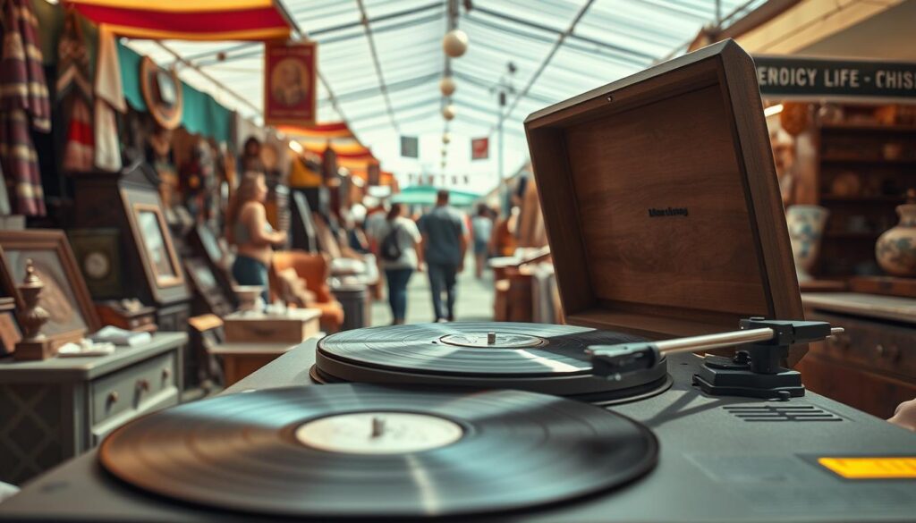 A vibrant flea market scene, with a focal point on a vintage record player playing music. Shoppers browsing the stalls, captivated by the warm, analog sound filling the air. In the background, a lively atmosphere with vendors selling various goods, including handmade crafts and antique furniture. Natural lighting filters through the open-air setting, creating a sense of nostalgia and authenticity. The scene exudes a relaxed, casual ambiance, inviting visitors to explore and discover unique treasures. Photorealistic with realistic imperfections, captured with a DSLR 85mm lens.