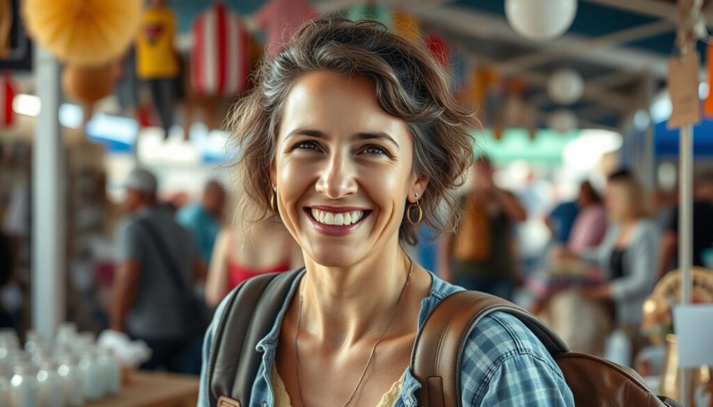 A warm-hearted person greets customers at a bustling flea market, their genuine smile radiating kindness and inviting shoppers to explore. The scene is bathed in natural light, captured through the lens of a professional DSLR camera set to an 85mm focal length, rendering lifelike details and subtle imperfections. The welcoming atmosphere is palpable, drawing in passersby with the promise of unexpected treasures and friendly interactions.