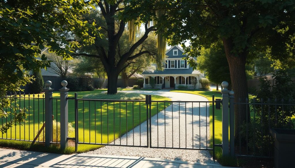 A well-kept, private property with a neatly trimmed lawn and a variety of trees and shrubs. In the foreground, a metal gate opens onto a gravel driveway, leading to a quaint, two-story house with a charming, pitched roof. Natural sunlight filters through the foliage, casting warm shadows across the scene. The fence line separates the private space from the public sidewalk, creating a sense of boundary and personal territory. The overall atmosphere is one of tranquility and well-maintained domesticity.