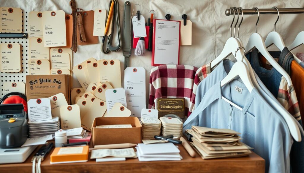 A well-organized collection of essential tools and equipment for managing a successful flea market booth, including a variety of price tags, labels, a label maker, and a sturdy clothing rack. The scene is captured in a clean, natural lighting setup with a DSLR 85mm lens, showcasing the practical details and realistic imperfections of the items. The overall mood is one of functional professionalism, with a sense of preparedness and attention to detail.
