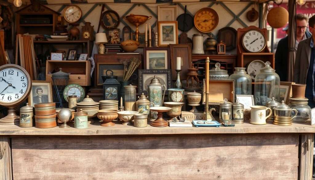Photorealistic image of a Flohmarkt (flea market) stall, capturing the essence of "Der perfekte Stand: Präsentation, Platz und Überblick, die Verkäufe steigern". A well-organized display of vintage items, antiques, and collectibles on a weathered wooden table, bathed in natural light from a DSLR 85mm lens. The stall is set up in a visually appealing manner, with ample space for customers to browse and a clear overview of the offerings. The image conveys a sense of nostalgia, with realistic imperfections and a warm, inviting atmosphere that would encourage potential buyers to explore and make purchases.
