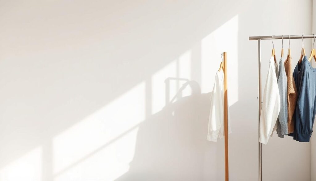 Photorealistic image of a minimalist clothing display featuring a sleek, wooden clothing rack against a clean, white backdrop. Soft, natural lighting illuminates the scene, creating a warm and inviting atmosphere. The clothing rack is positioned at an angle, allowing for a dynamic and visually appealing composition. Subtle textures and details add depth and realism to the scene, while the overall presentation conveys a sense of simplicity and elegance - an ideal setting for showcasing secondhand or vintage clothing items at a flea market.