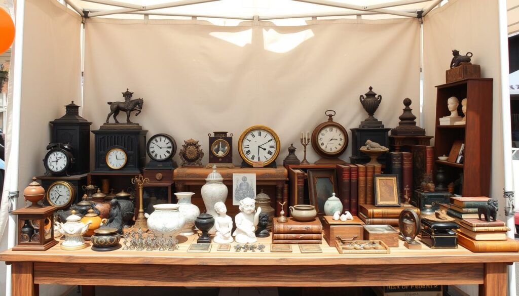Photorealistic image of a neatly arranged flea market booth with various items for sale. The booth features a clean, minimalist design with a wooden tabletop and simple backdrop. Carefully curated vintage items, such as antique clocks, ceramic figurines, and leather-bound books, are displayed in an organized and visually appealing manner. The booth is illuminated by natural light, creating a warm and inviting atmosphere. The overall presentation is professional and enticing, encouraging potential customers to browse the selection. The scene conveys a sense of order, attention to detail, and the seller's passion for their wares.